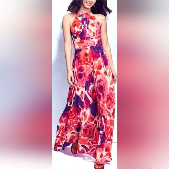 Eliza J Floral Print Halter Neck Maxi Dress Sleeveless Watercolor NWT Sz 6 - Picture 1 of 6